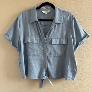 Calligraphie Linen Button Down Tie Front Top